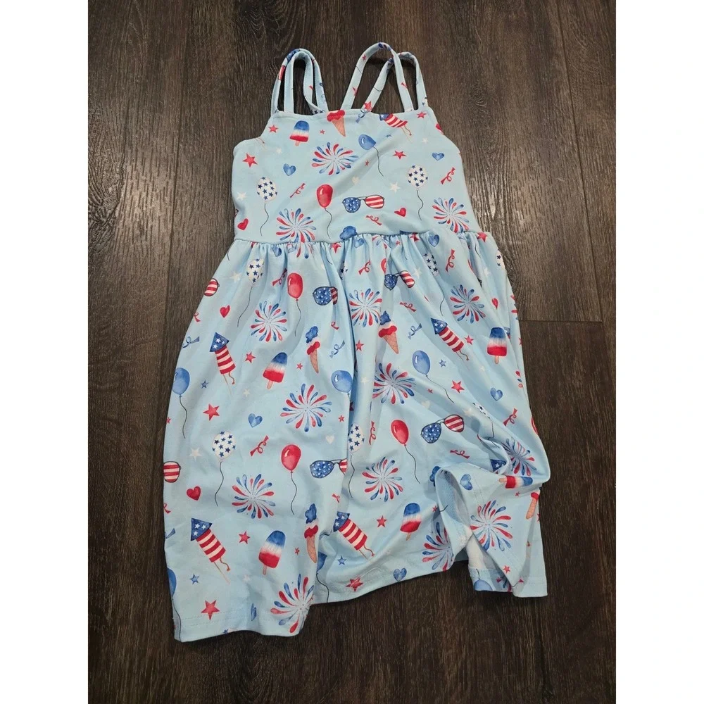 Pete + Lucy Girls 4th of July Patriotic Dress Firework Milk Silk Blue Size 5 NWT